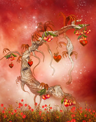Magiczne drzewo z owocami na czerwonym tle - obrazy, fototapety, plakaty