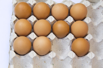 Closeup of many fresh brown eggs in carton tray