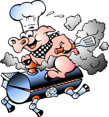 Vector illustration of an Chef  Pig riding an BBQ barrel