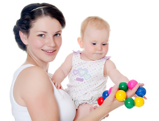 happy mother with baby over white