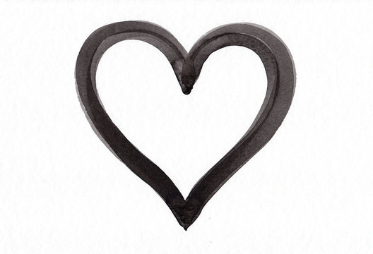 Schwarze Herzform auf weißem Papier Aquarell handgemalt