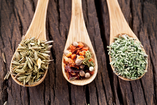 Variety of spices in the spoons.