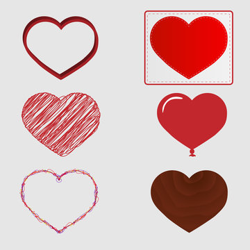 Set of hearts for wedding and valentine in different styles