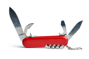 Red Swiss army knife multi-tool isolated on white background.