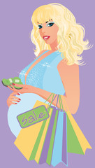 Beautiful pregnant woman  with baby socks, vector