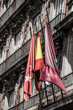 decorated facade and balconies at the Palza Mayor,Madrid,Spain