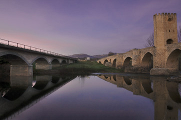 Fototapeta premium Medieval Bridge at Dusk. Frias, Burgos Spain.