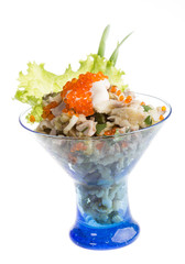 Salad with shrimp, avocado, tomatoes, red caviar