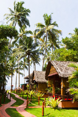 Fototapeta na wymiar Bungalows and pathway. Vacation background with palm trees