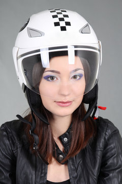 Woman in helmet on head