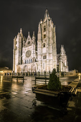 Cathedral of Leon in a foggy night, Castilla y Leon, Spain