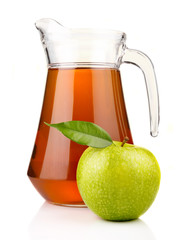 Jug of apple juice with ripe fruits isolated on white