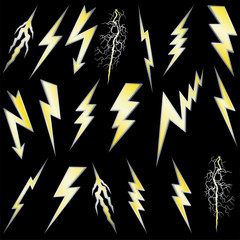 Gold Lightning strike sign set on black.