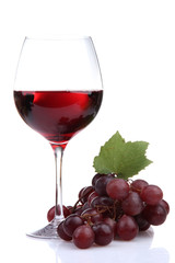 glass of wine and grapes, isolated on white