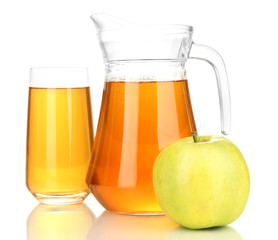 Full glass and jug of apple juice and apple isolted on white