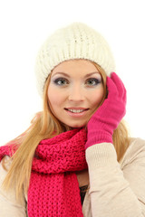 Young beautiful woman wearing winter clothing, isolated on