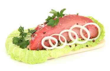 Raw beef meat marinated with herbs and spices isolated on white