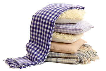 Hill colorful pillows and plaids isolated on white