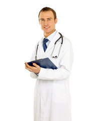 Male Doctor standing with folder, isolated on white background