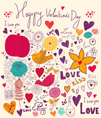 Vector Valentine Greeting card with flowers and birds