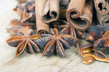 Cinnamon and anise on wooden  table