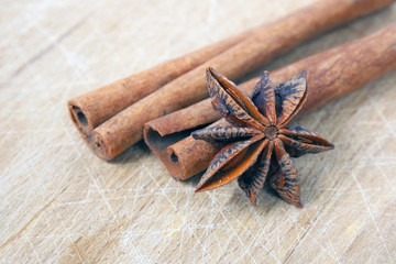 Cinnamon and anise on wooden  table