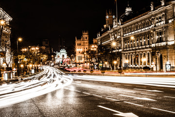 Street traffic in night Madrid, Spain