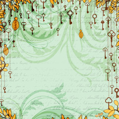 Abstract vintage background with antique keys hanging on tree