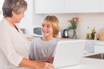 Granny and grandson using laptop and smiling
