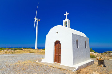 Small white church on the coast of Crete in Greece