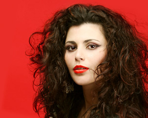 Fototapeta premium Beautiful woman with shiny healthy hair, beauty salon background