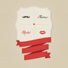 Vintage funny wedding invitation with lips and moustache