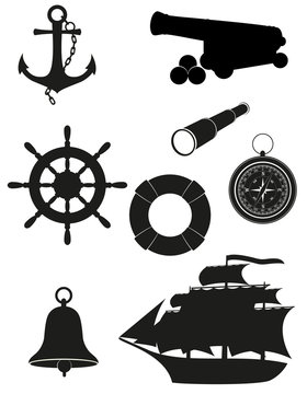 set of sea antique icons vector illustration black silhouette