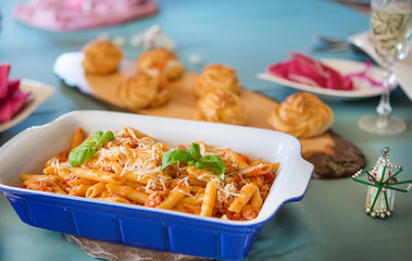 Italian pasta with meat sauce and parmesan cheese