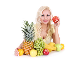 beautiful blonde young woman with fruits, isolated, diet