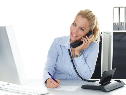 Pretty young woman has a good call in business - Powered by Adobe