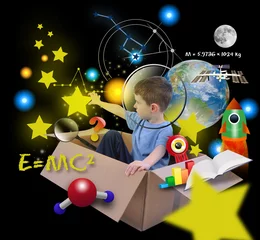 Papier Peint photo autocollant Cosmos Space Science Boy in Box avec étoiles sur fond noir