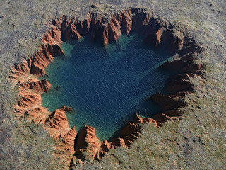 heart-shaped crater with a lake inside