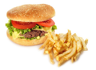 Hamburguesa,lechuga,tomate y patatas fritas.
