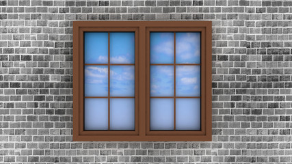 plastic window on  brick wall, with reflection of sky in it