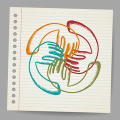 Doodle Teamwork hands on sheet of paper