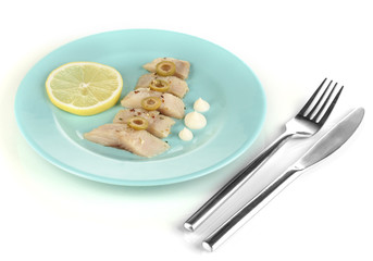 Dish of herring and lemon on plate isolated on white