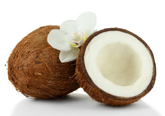 Coconuts with flower, isolated on white