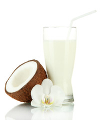 Coconut with glass of milk, isolated on white