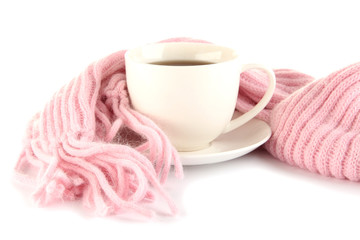 cup of tea with scarf isolated on white