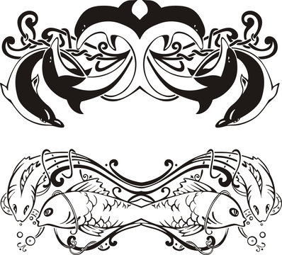 Stylized symmetric vignettes with dolphins and fish