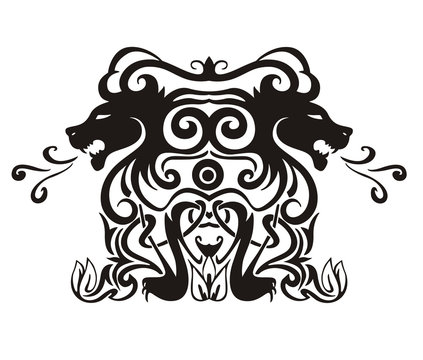 Stylized symmetric vignette with lions