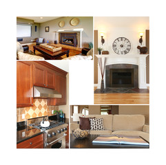 Collage of beautiful interior. Kitchen, fireplace