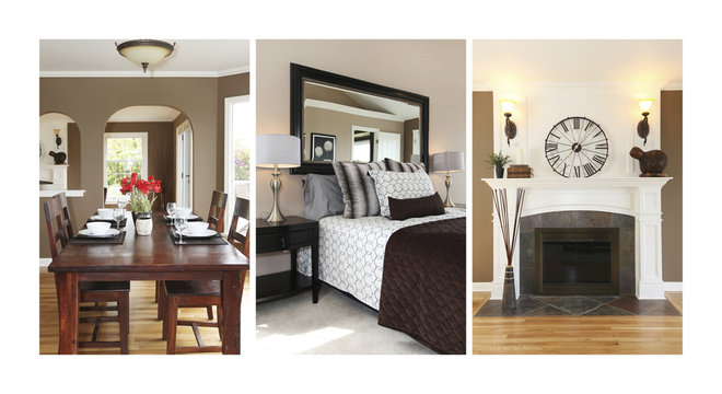 Collage of beautiful interior. Bedroom and dining room.
