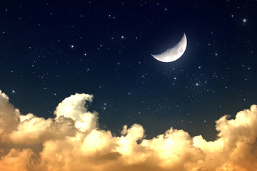 cloudy night sky with moon and star - 48515970